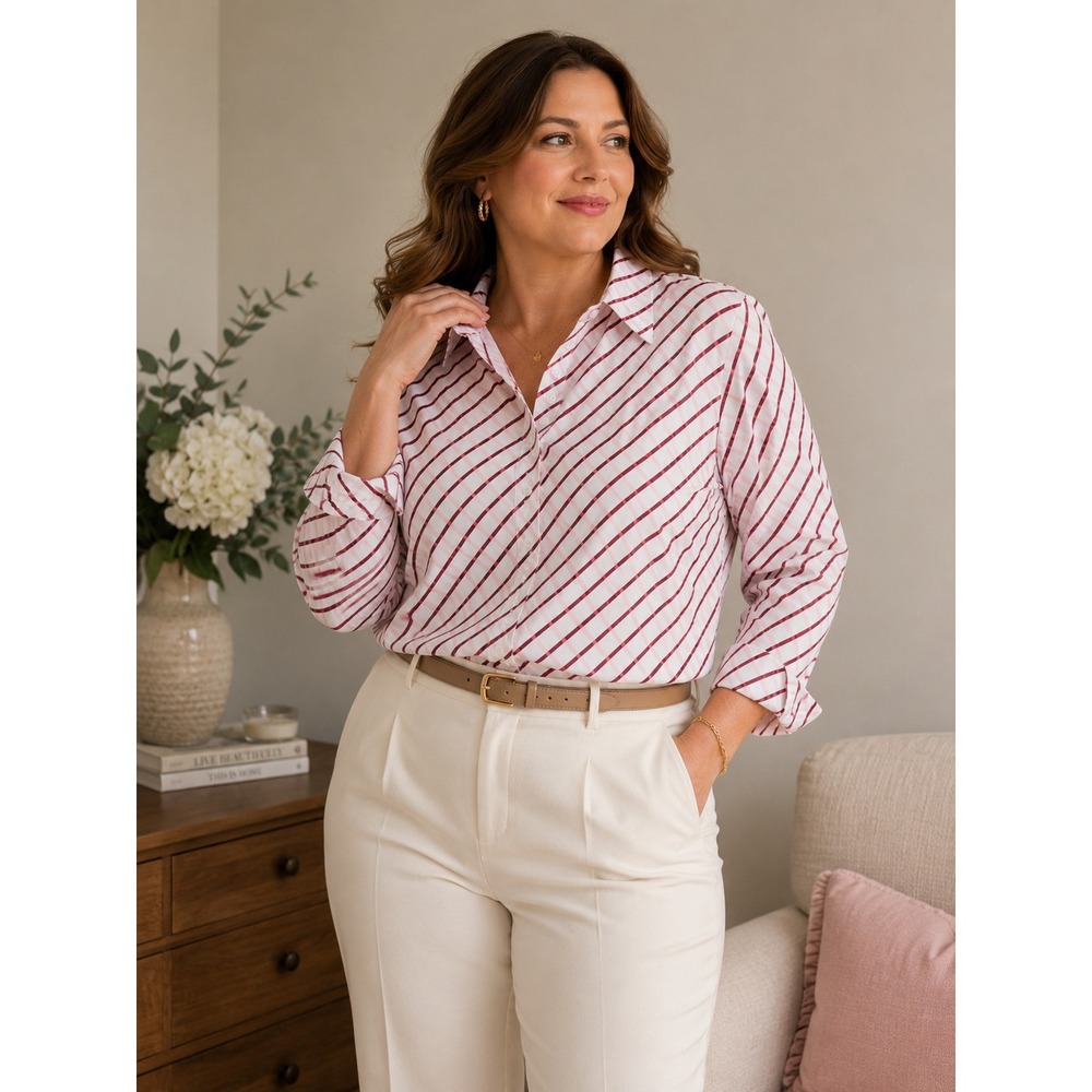 Talbots Wrinkle Resistant Shirt Women 16P White Maroon‎ Pink Office Preppy